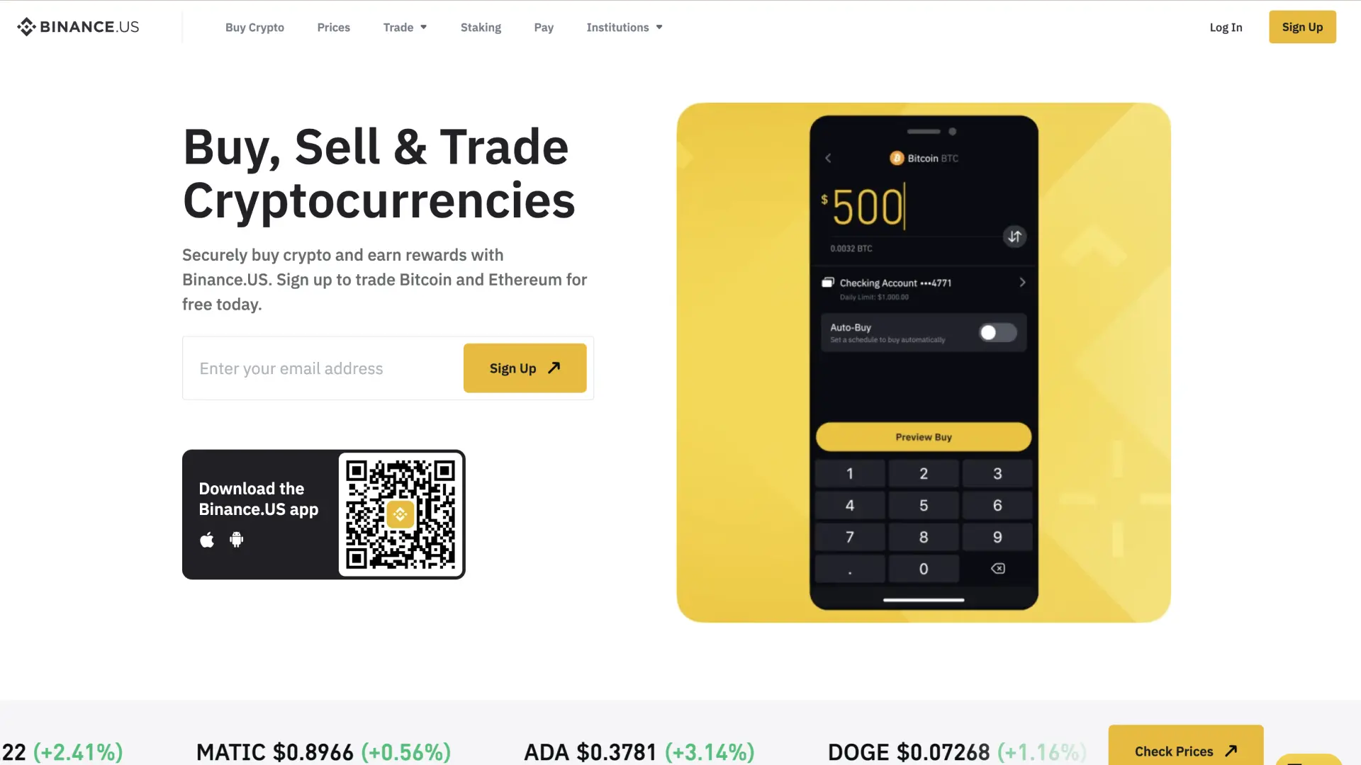 Binance.US homepage